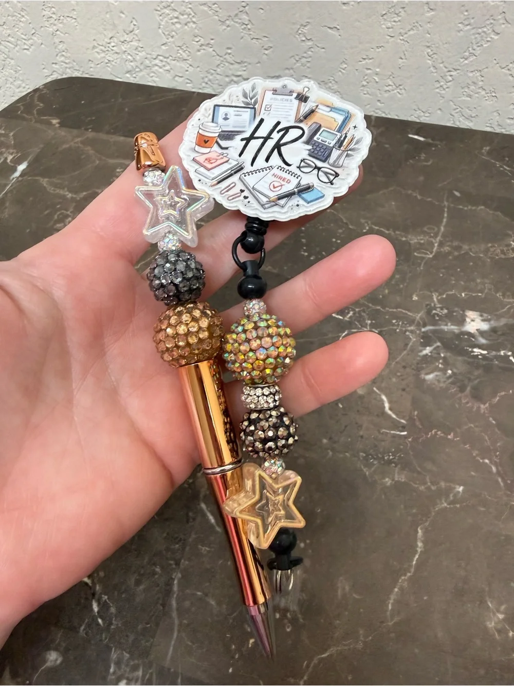 Gold Metallic Bling HR Human Resources Beaded Pen Matching Badge Reel Handmade